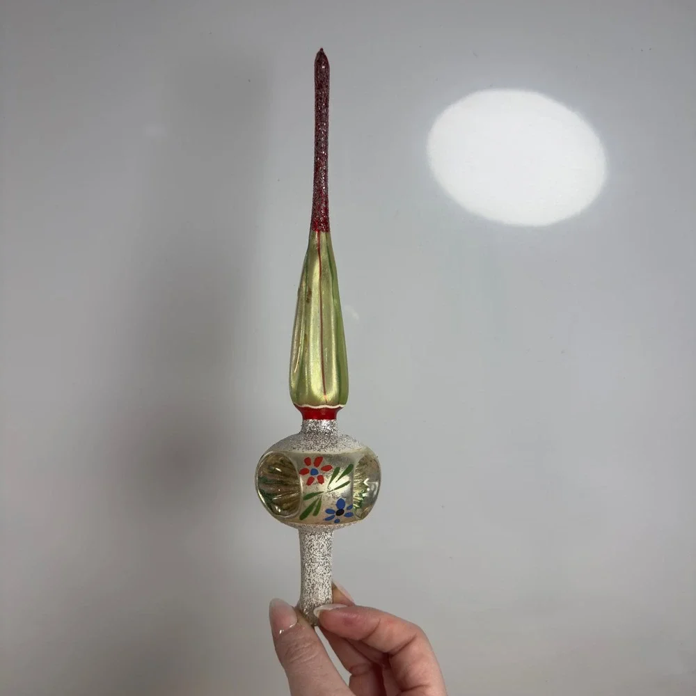 Vintage Polish Mercury Glass Christmas Tree Topper Hand Painted Floral 11 Inch